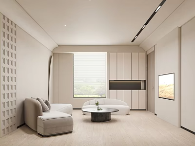Modern Hotel Guest Room Interior With Sofa Round Coffee Table TV And Decorative Wall 3d model