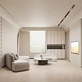 Modern Hotel Guest Room Interior With Sofa Round Coffee Table TV And Decorative Wall