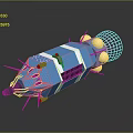 Sci Fi Mechanical Equipment with Blue Body Gold Spherical Components and Mesh Structure 3d model