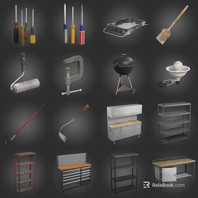 Essential Hardware Tools Collection With Tool Cabinet Workbench G Clamp and Paint Roller 3d model