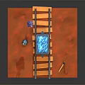 Mine Cart With Blue Ores On Railroad Tracks Near Lantern Hard Hat And Axe