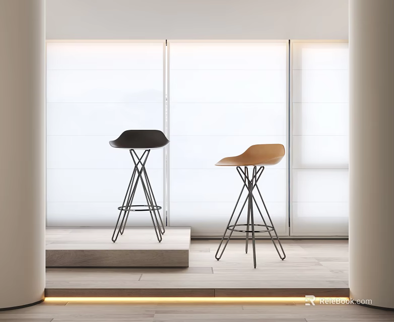 Modern Black And Tan Bar Stools With Metal Bases In Bright Interior With Large Windows 3d model 