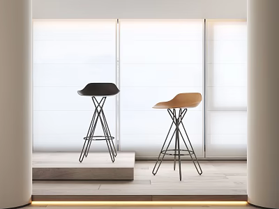 Modern Black And Tan Bar Stools With Metal Bases In Bright Interior With Large Windows 3d model