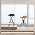 Modern Black And Tan Bar Stools With Metal Bases In Bright Interior With Large Windows