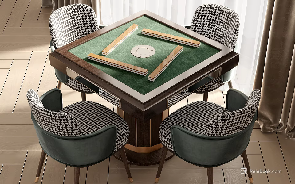 Modern Entertainment Table With Green Mahjong Mat And Checkered Velvet Chairs 3d model 