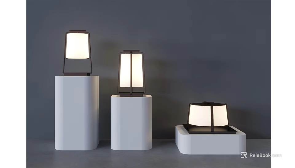 Modern Outdoor Lights With Square White Shades And Dark Frames On White Pedestals 3d model 