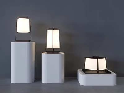 Modern Outdoor Lights With Square White Shades And Dark Frames On White Pedestals 3d model