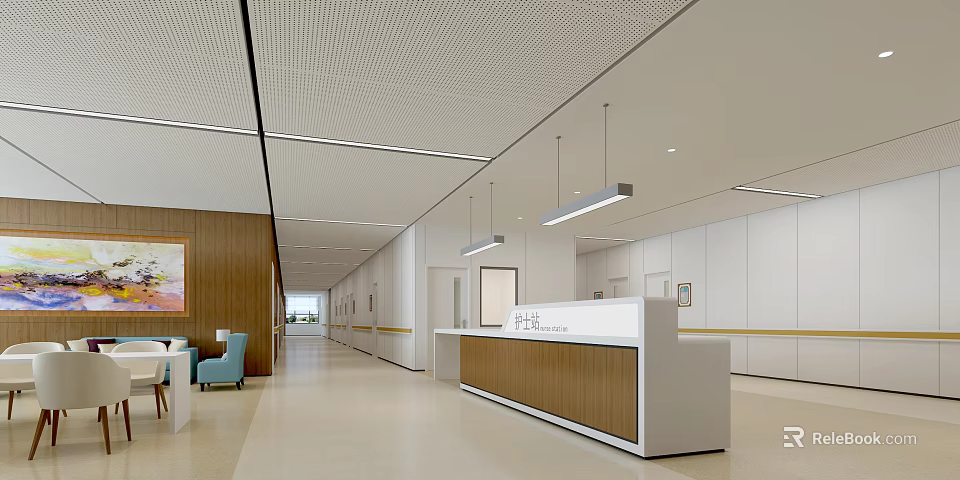 Hospital Outpatient Clinic Interior Design With Reception Desk Waiting Area And Modern Lighting 3d model 