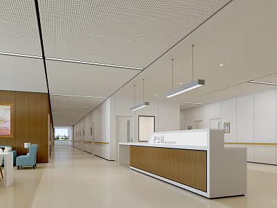 Hospital Outpatient Clinic Interior Design With Reception Desk Waiting Area And Modern Lighting 3d model