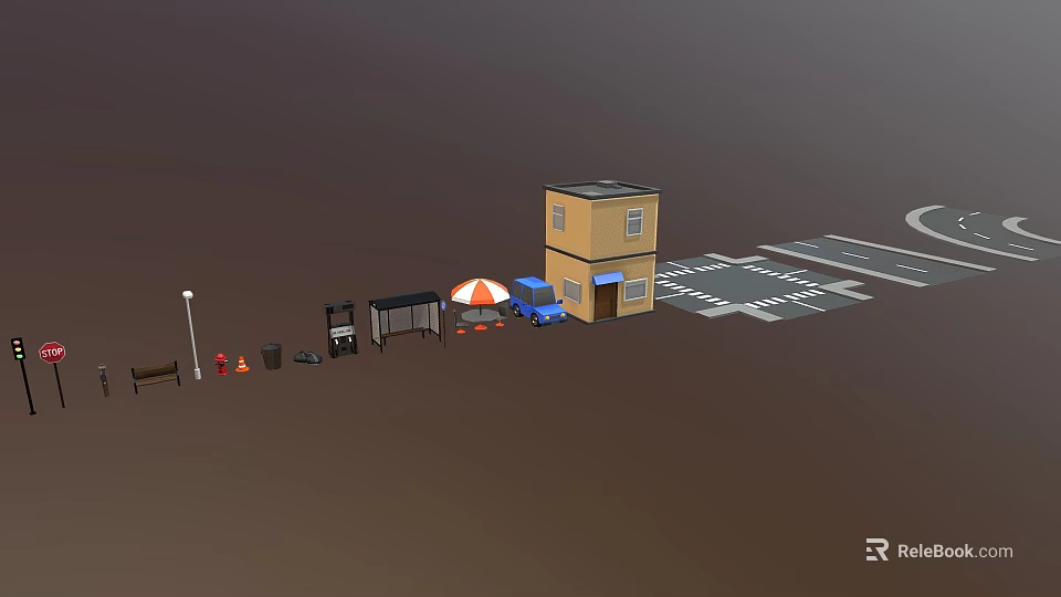 Mini Urban Scene With Two Story Building Blue Vehicle Umbrella Street Lamp Bench Trash Cans 3d model 