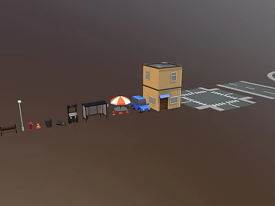 Mini Urban Scene With Two Story Building Blue Vehicle Umbrella Street Lamp Bench Trash Cans 3d model