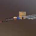 Mini Urban Scene With Two Story Building Blue Vehicle Umbrella Street Lamp Bench Trash Cans