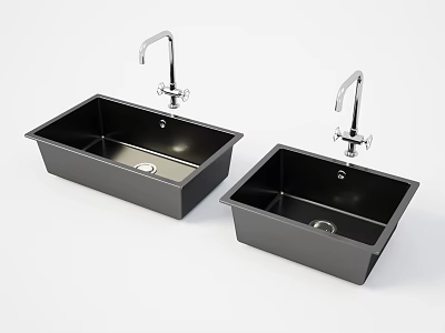 Two Modern Black Stainless Steel Kitchen Sinks Single Bowl Design With Faucets 3d model
