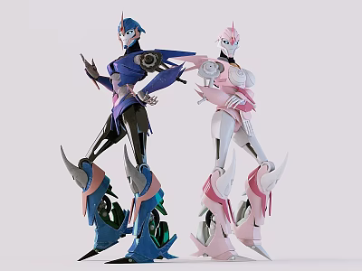 Futuristic Blue Purple And Pink White Robot Figures With Standing Mechanical Design 3d model