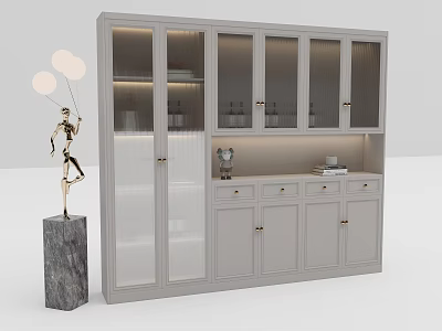 Gray Wine Cabinet with Glass Doors Lighted Shelves Drawers and Decorative Statue 3d model