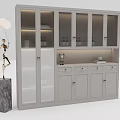 Gray Wine Cabinet with Glass Doors Lighted Shelves Drawers and Decorative Statue