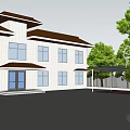Lush Green Trees In Residential Courtyard Landscape Design With Fence And Building