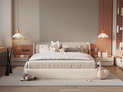 Modern Children's Bed With Soft Mattress Stuffed Toys Hanging Lamps Striped Rug And Bookshelves 3d model