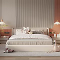 Modern Children's Bed With Soft Mattress Stuffed Toys Hanging Lamps Striped Rug And Bookshelves