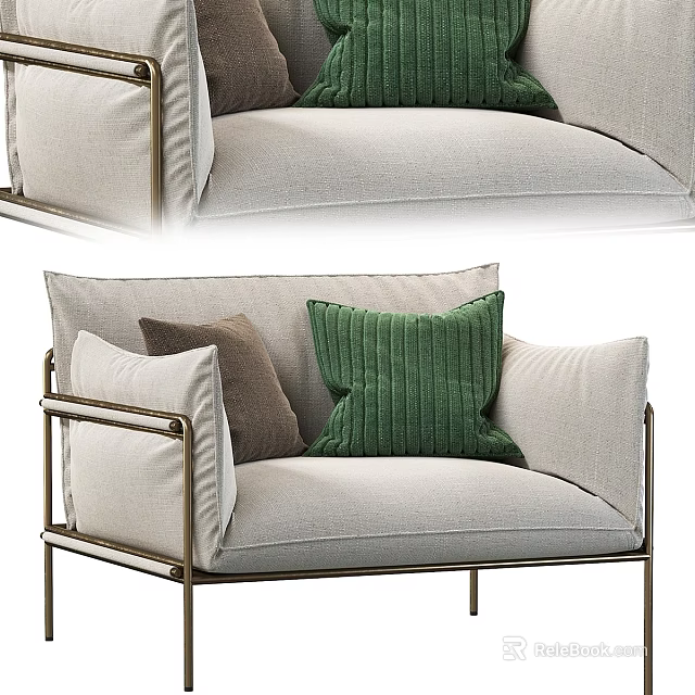 Modern Light Fabric Leisure Chair With Brass Frame And Ribbed Green Brown Pillows 3d model 