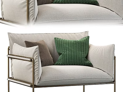 Modern Light Fabric Leisure Chair With Brass Frame And Ribbed Green Brown Pillows 3d model