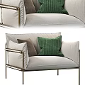 Modern Light Fabric Leisure Chair With Brass Frame And Ribbed Green Brown Pillows