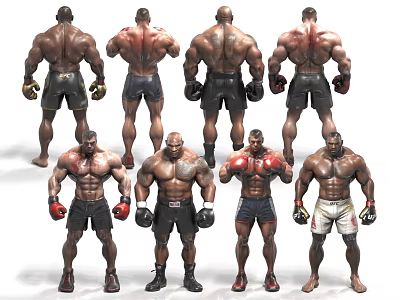 Muscular Men in Various Fighting Poses Wearing MMA Gloves and Shorts Displaying Athletic Physiques 3d model