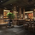 Traditional Chinese Restaurant Interior With Wooden Tables Round Windows Pendant Lights And Green Plants