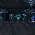 Modern Tech Inspired Bar Interior With Blue Geometric Backdrop And Counter Seating