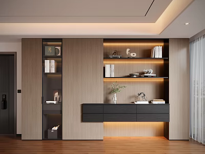 Modern Light Wood Sideboard With Dark Drawers Open Shelves And Decorative Lighting 3d model