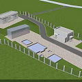 Modern Industrial Factory Building Complex With Green Lawn Fencing Paved Pathway And Open Areas