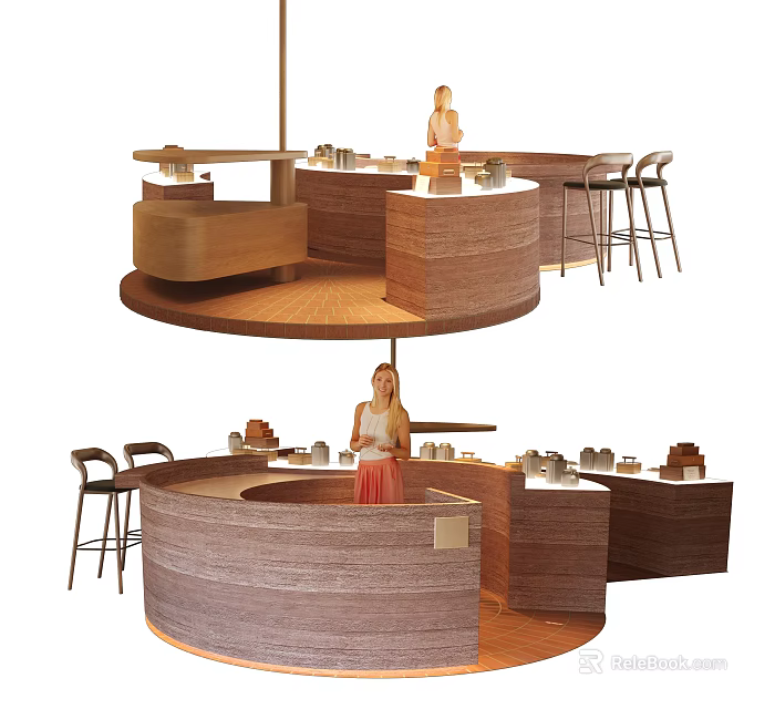 Modern Round Wooden Display Shelves Open Layout Showcasing Items With Chairs 3d model 