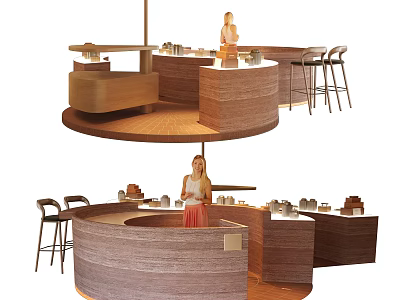 Modern Round Wooden Display Shelves Open Layout Showcasing Items With Chairs 3d model