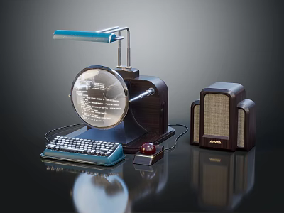 Vintage Computer System With Round Monitor Keyboard Red Button And Brunswick Speaker 3d model