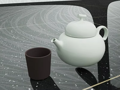 Elegant White Teapot And Dark Brown Cup In Modern Tea Set On Black Patterned Countertop 3d model