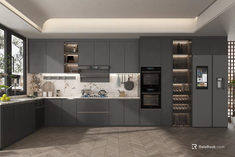Modern Kitchen Interior Design With Gray Cabinets Marble Countertops Built In Ovens And Storage Shelves 3d model 