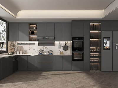 Modern Kitchen Interior Design With Gray Cabinets Marble Countertops Built In Ovens And Storage Shelves 3d model