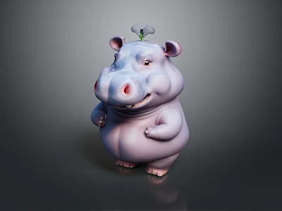 Smiling Cute Purple Cartoon Hippo 3D Model With Small Flower On Head 3d model
