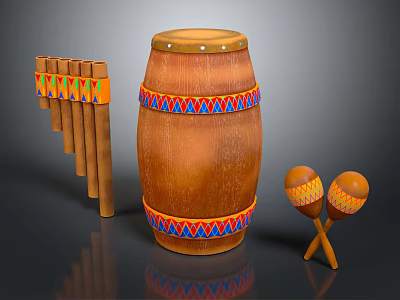 Instrument Set With Wooden Drum Pan Flute And Maracas For Artistic Creation 3d model