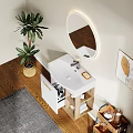 Bathroom Vanity Interior With Round Illuminated Mirror White Cabinet Wooden Shelf And Green Plant