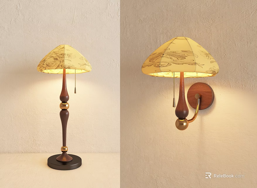Traditional Wooden Wall Lamp With Patterned Yellow Shade And Decorative Ball 3d model 