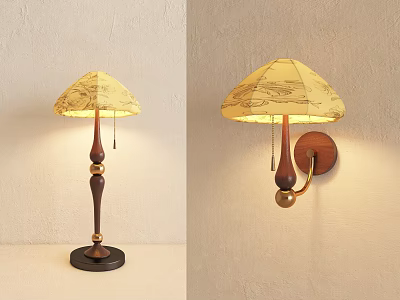 Traditional Wooden Wall Lamp With Patterned Yellow Shade And Decorative Ball 3d model