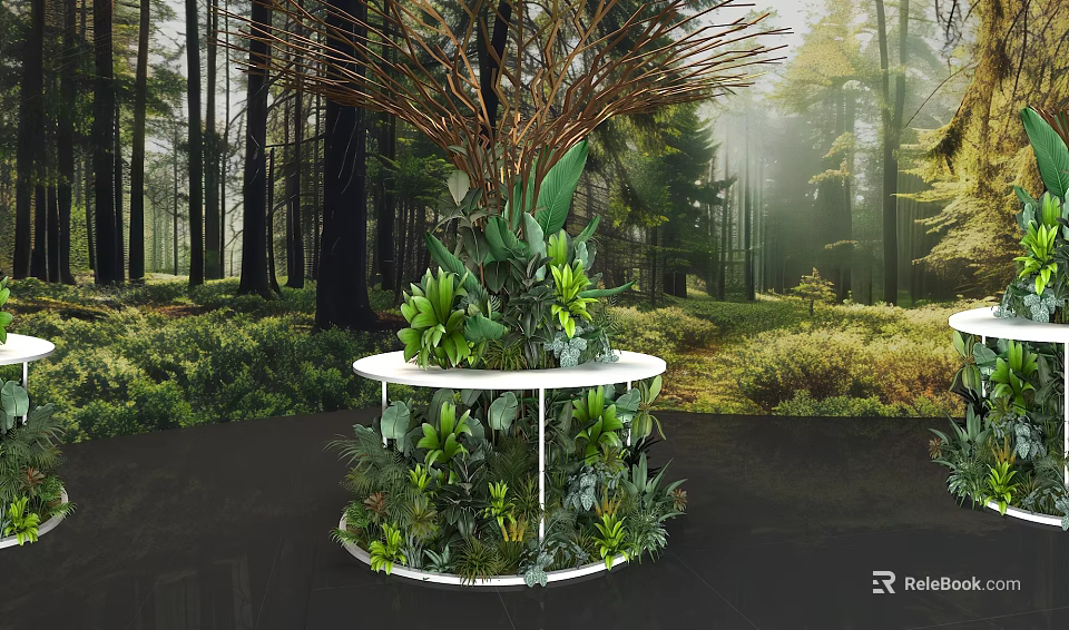 Lush Green Plant Decor On White Round Stand In Forest Setting 3d model 