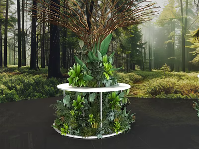 Lush Green Plant Decor On White Round Stand In Forest Setting 3d model