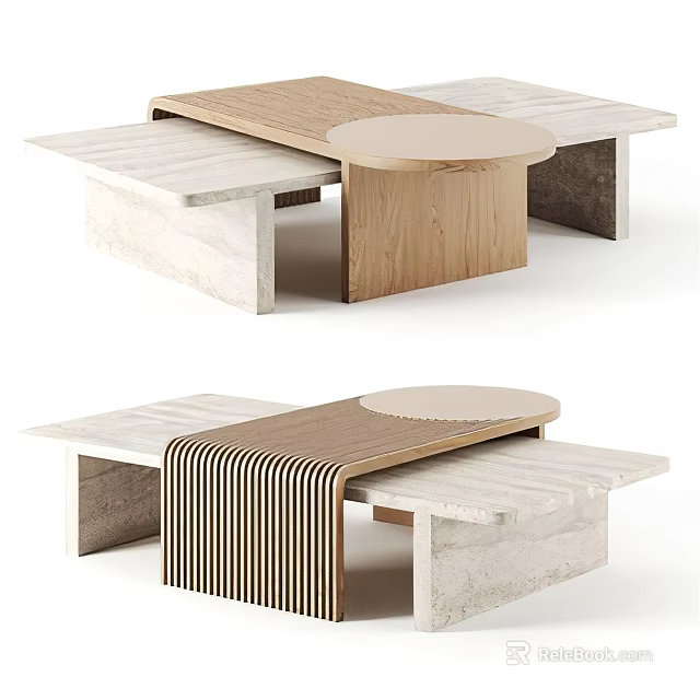 Modern Coffee Table Design With Wooden And Stone Elements Round And Rectangular Tops 3d model 