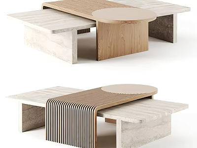 Modern Coffee Table Design With Wooden And Stone Elements Round And Rectangular Tops 3d model
