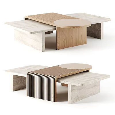Modern Coffee Table Design With Wooden And Stone Elements Round And Rectangular Tops 3d model