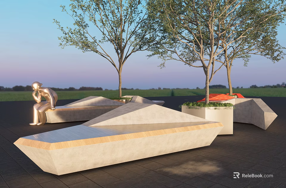 Geometric Outdoor Chairs With Trees In Modern Natural Park Leisure Area 3d model 