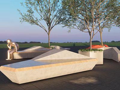 Geometric Outdoor Chairs With Trees In Modern Natural Park Leisure Area 3d model