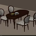 Classic Oval Wooden Dining Table Set With Four Patterned Fabric Upholstered Chairs And Fruit Bowl